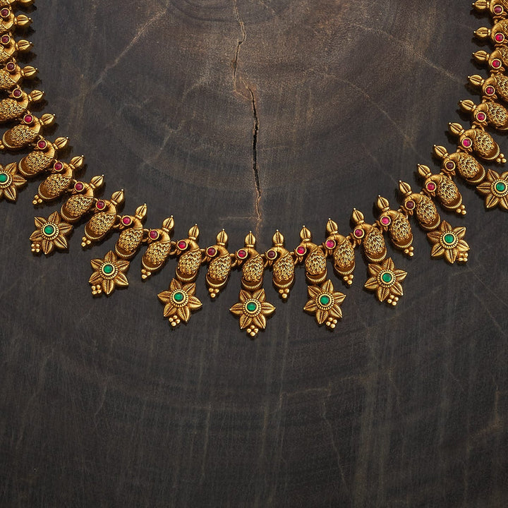 Pure 92.5 Silver Gold-Plated Necklace with Floral and Paisley Motifs and Gemstones Detailing