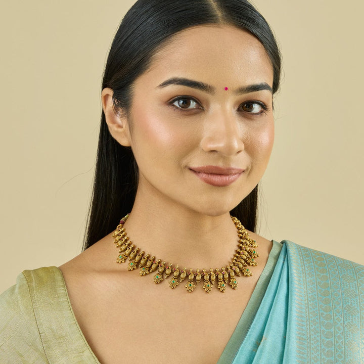 Pure 92.5 Silver Gold-Plated Necklace with Floral and Paisley Motifs and Gemstones Detailing