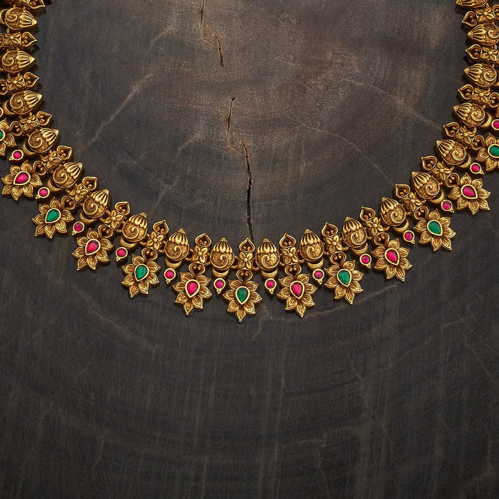 Pure 92.5 Silver Gold-Plated Traditional Necklace in Gold Tone with Red and Green Gemstones