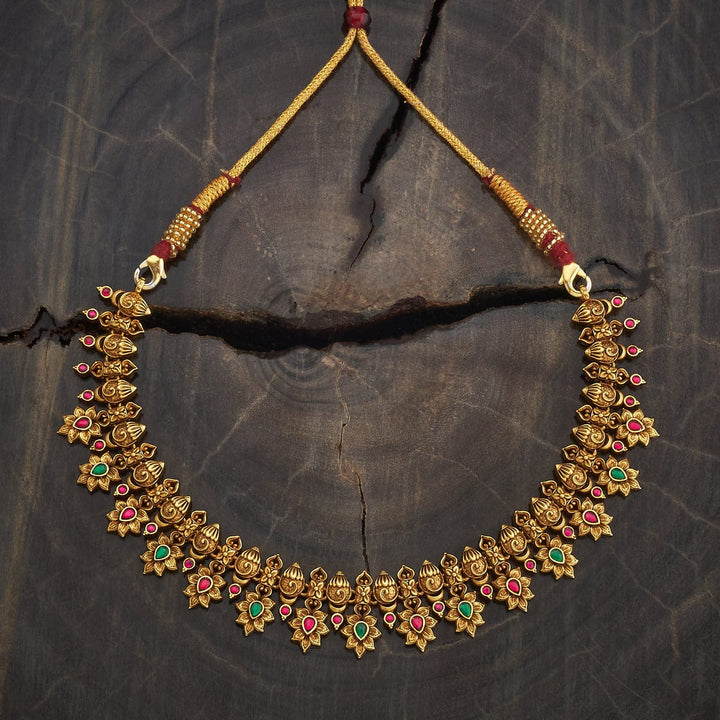 Pure 92.5 Silver Gold-Plated Traditional Necklace in Gold Tone with Red and Green Gemstones