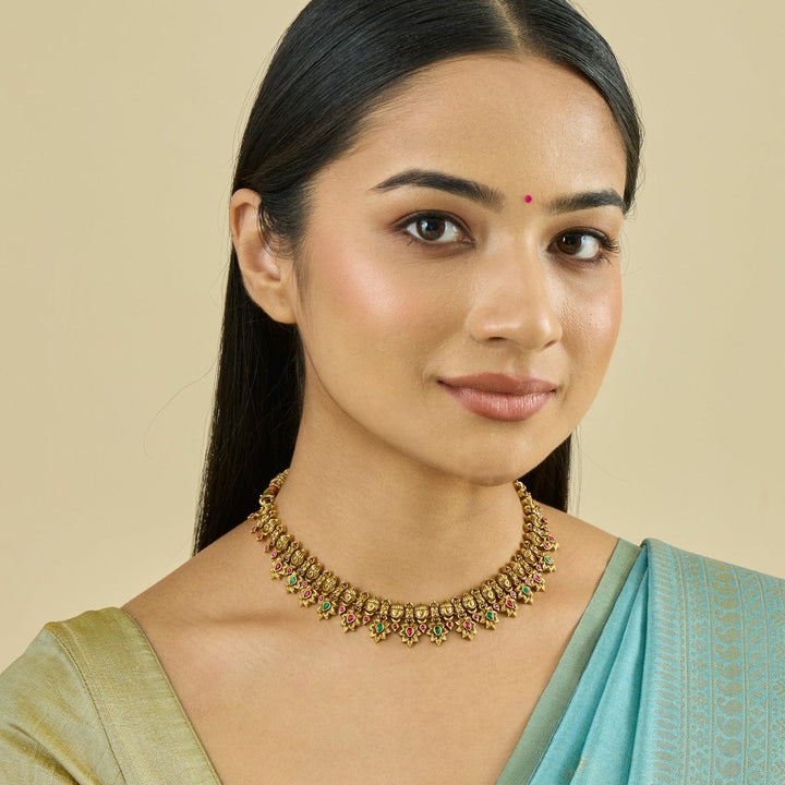 Pure 92.5 Silver Gold-Plated Traditional Necklace in Gold Tone with Red and Green Gemstones