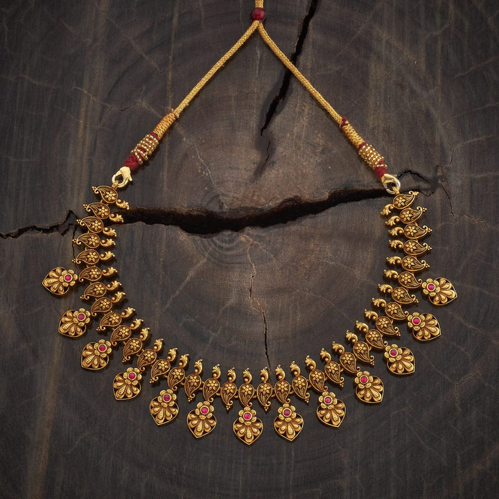 Pure 92.5 Silver Gold-Plated Necklace with Floral and Paisley Motifs and Red Stone