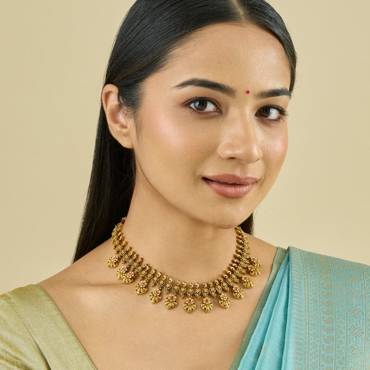 Pure 92.5 Silver Gold-Plated Necklace with Floral and Paisley Motifs and Red Stone