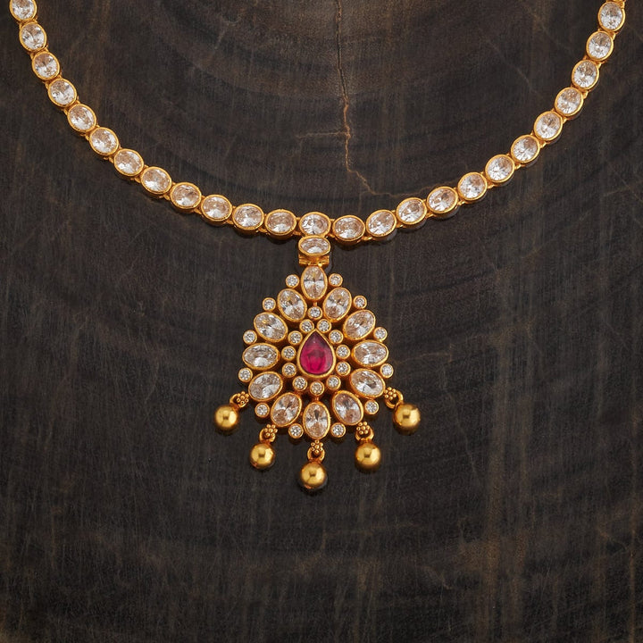 Pure 92.5 Silver Gold-Plated Stone Studded Temple Necklace with Red Stone Pendant and Dangling Beads