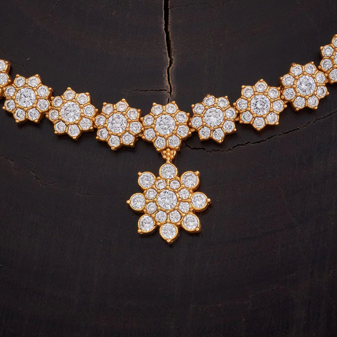 92.5 Silver CZ Floral Motifs Temple Necklace