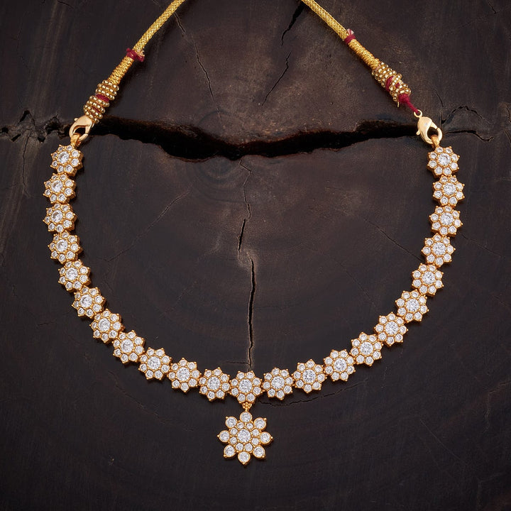 92.5 Silver CZ Floral Motifs Temple Necklace