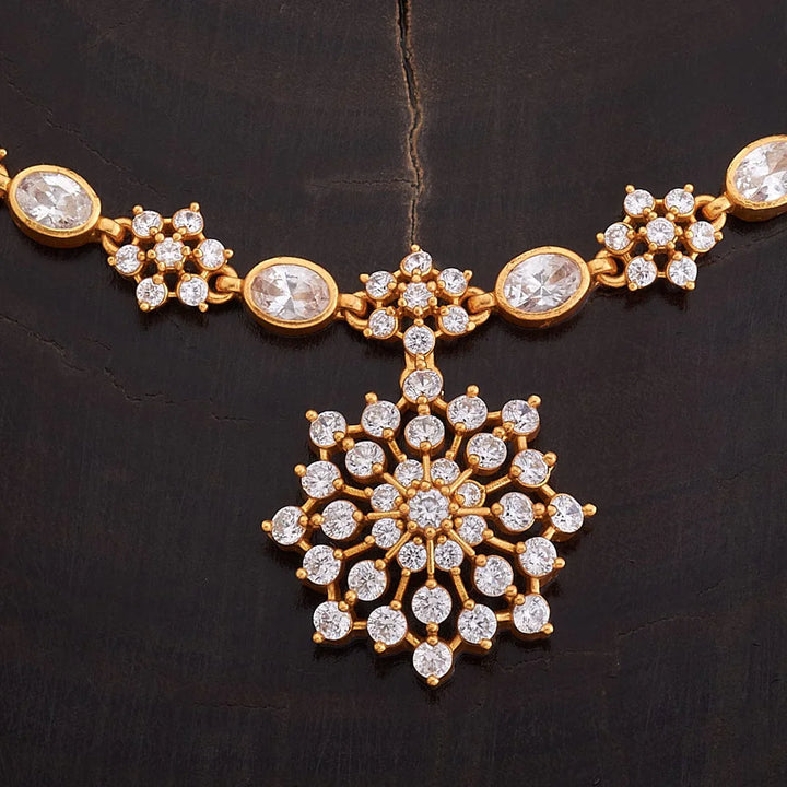 Pure 92.5 Silver Gold-Plated CZ Floral Design Necklace with Pendant