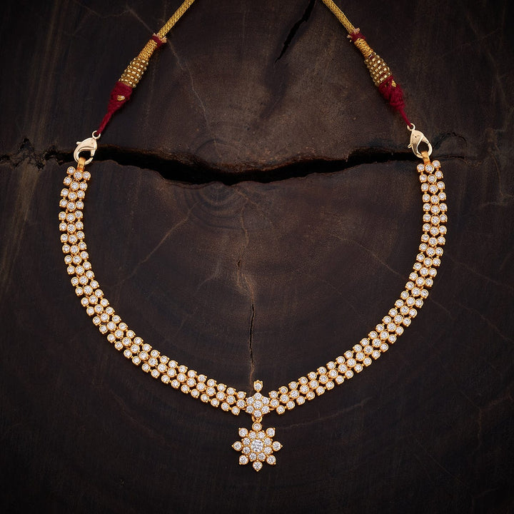 92.5 Pure Silver CZ Flower Motif Temple Necklace