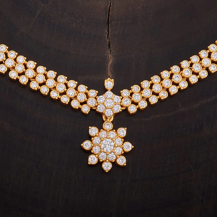 92.5 Pure Silver CZ Flower Motif Temple Necklace