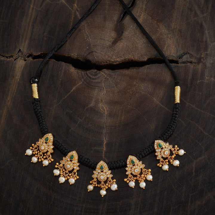 Pure 92.5 Silver Gold-Plated Black Thread Necklace with Gemstone Pendant and Dangling Pearls