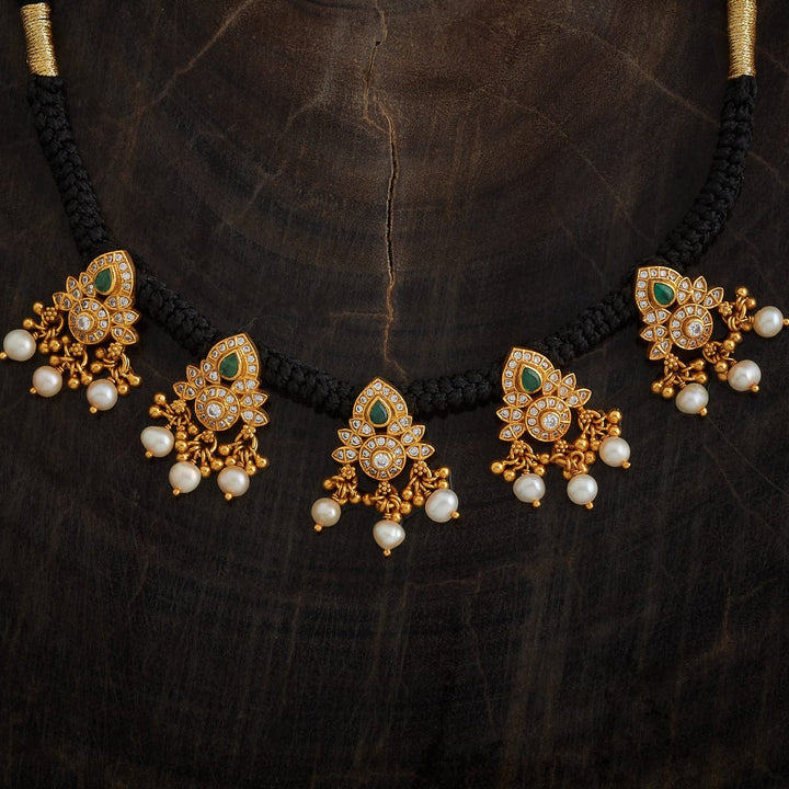 Pure 92.5 Silver Gold-Plated Black Thread Necklace with Gemstone Pendant and Dangling Pearls