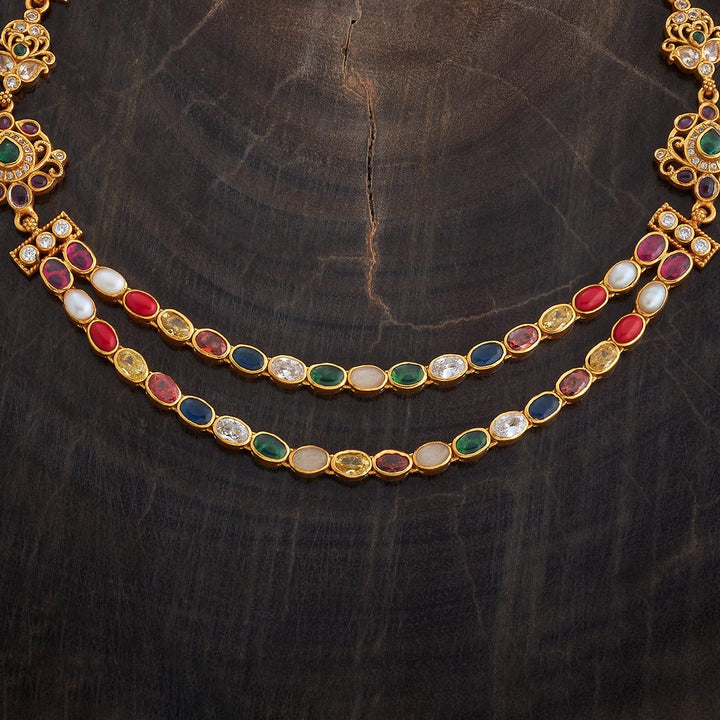 Pure 92.5 Silver, Gold Plated Traditional Double Layered Navaratna Necklace with Oval Design