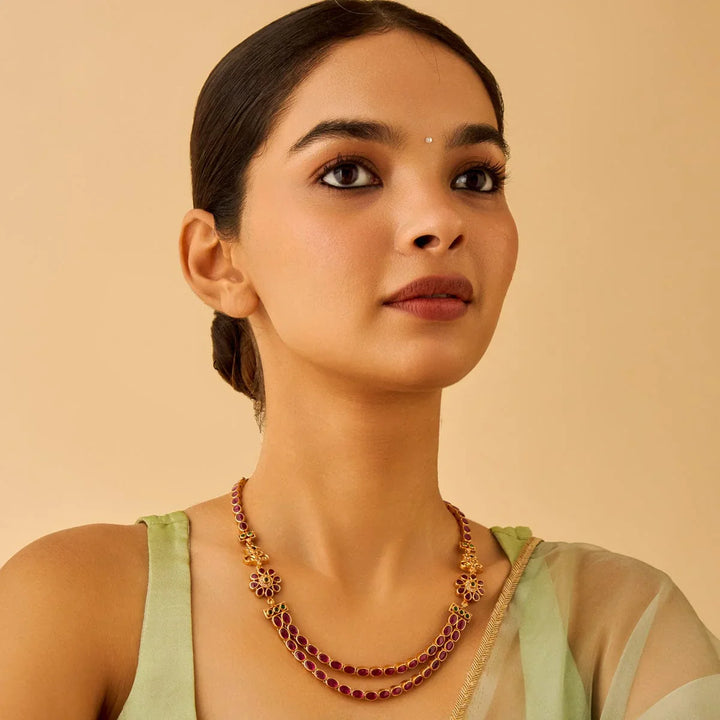 Pure 92.5 Silver Gold-Plated Double Layer Ruby Necklace with Floral Sidepieces and Gemstone Accent