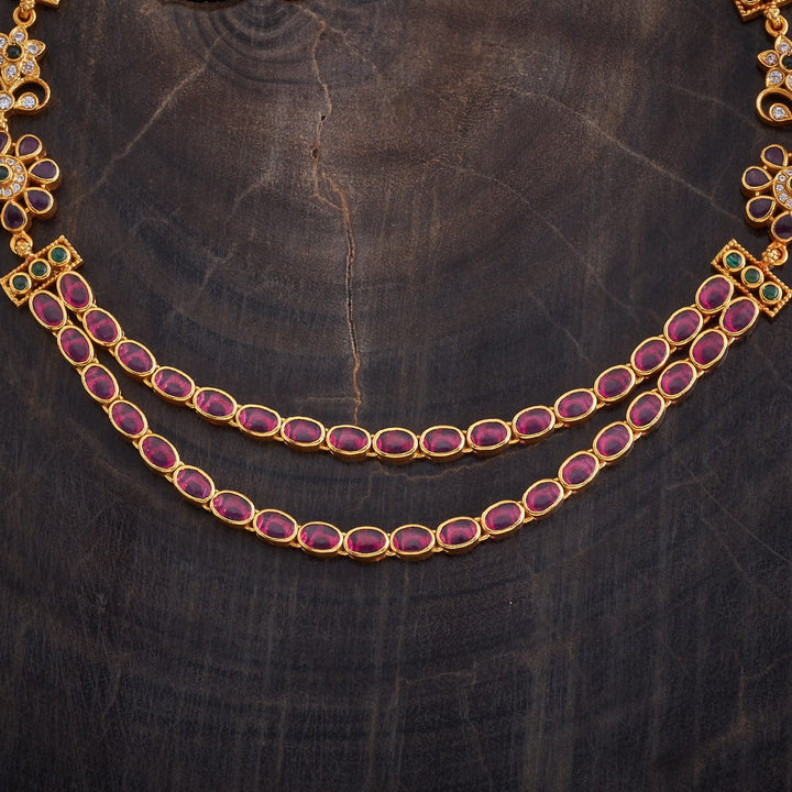 Pure 92.5 Silver Gold-Plated Double Layer Ruby Necklace with Floral Sidepieces and Gemstone Accent