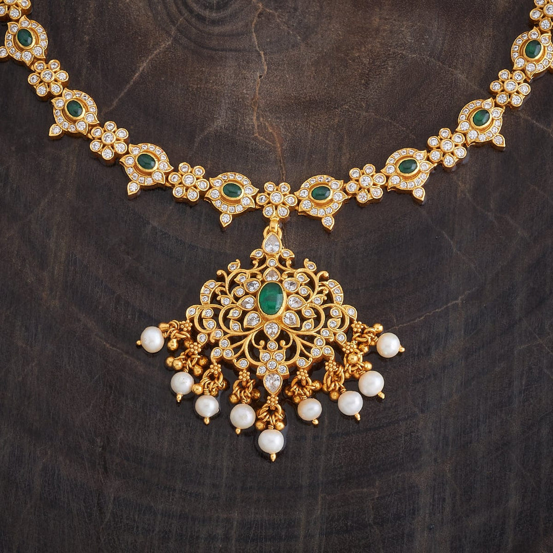 Pure 92.5 Silver Gold-Plated White Stone and Emerald Floral Necklace with Dangling Pearls