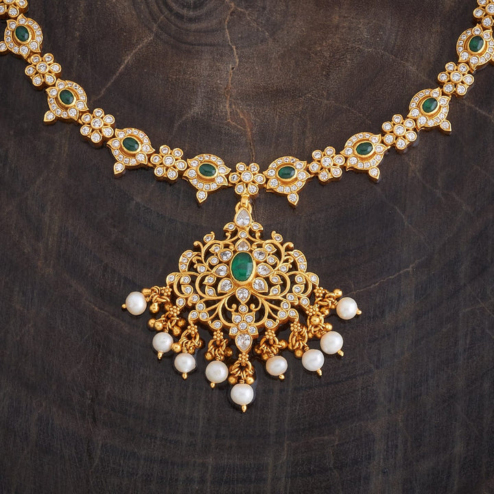 Pure 92.5 Silver Gold-Plated White Stone and Emerald Floral Necklace with Dangling Pearls