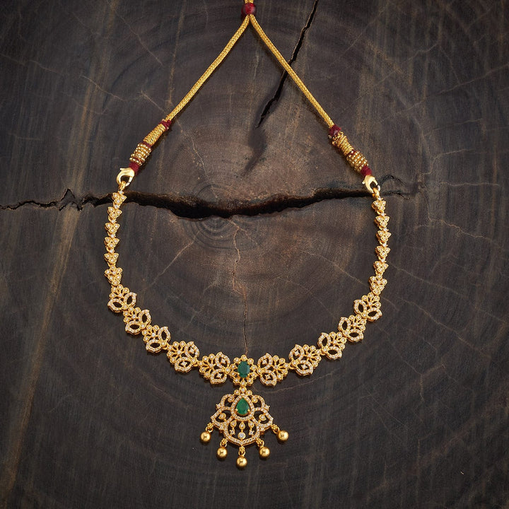 Pure 92.5 Silver Gold-Plated Floral Design Necklace with White Stones and Dangling Gold Beads