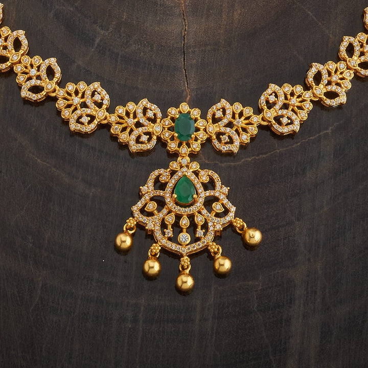 Pure 92.5 Silver Gold-Plated Floral Design Necklace with White Stones and Dangling Gold Beads