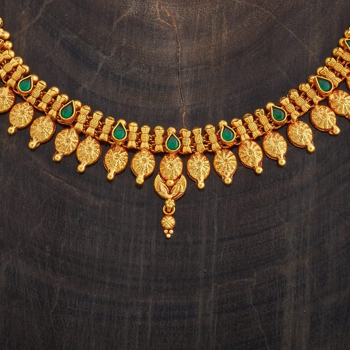 Pure 92.5 Silver Gold-Plated Necklace with Antique Design and Green Gem Embellishments