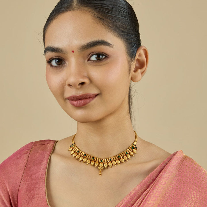 Pure 92.5 Silver Gold-Plated Necklace with Antique Design and Green Gem Embellishments