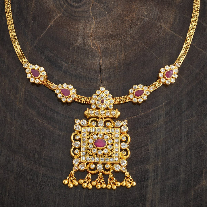 Pure 92.5 Silver Gold-Plated Necklace with Stone-Studded Square Pendant and Chain Details