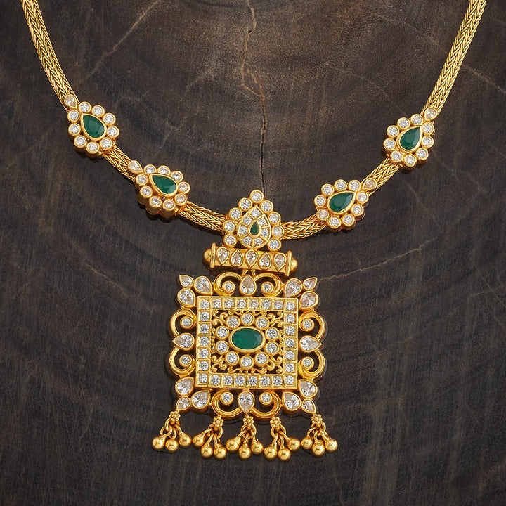 Pure 92.5 Silver Gold-Plated Necklace with Stone-Studded Square Pendant and Chain Details