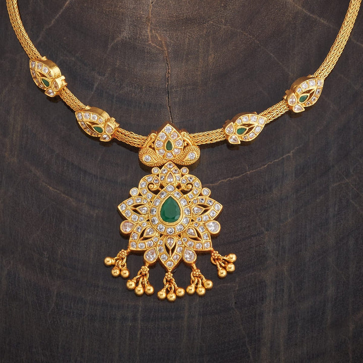 Pure 92.5 Silver Gold-Plated Necklace with Stone-Studded Pendant and Chain Details