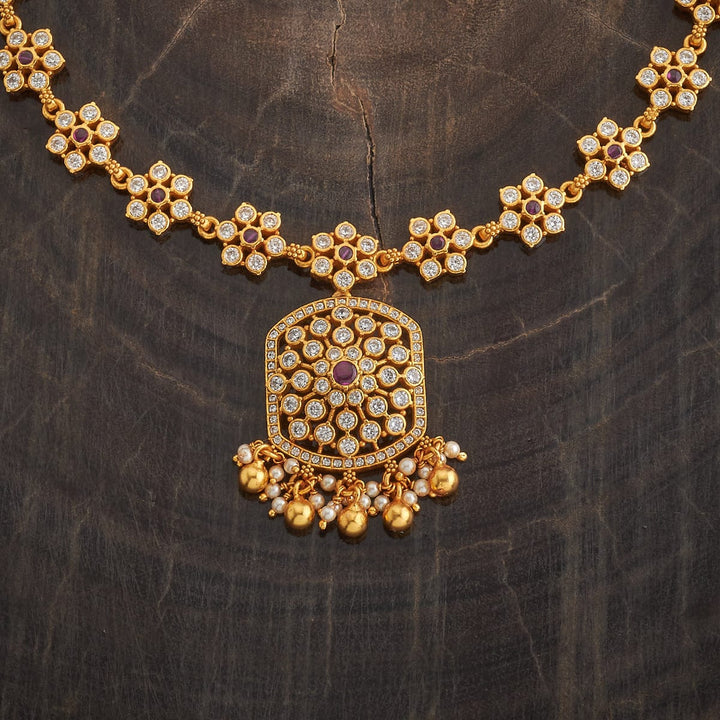 Pure 92.5 Silver Gold-Plated Floral and Leaf Motif Necklace with White Stones and Dangling Beads