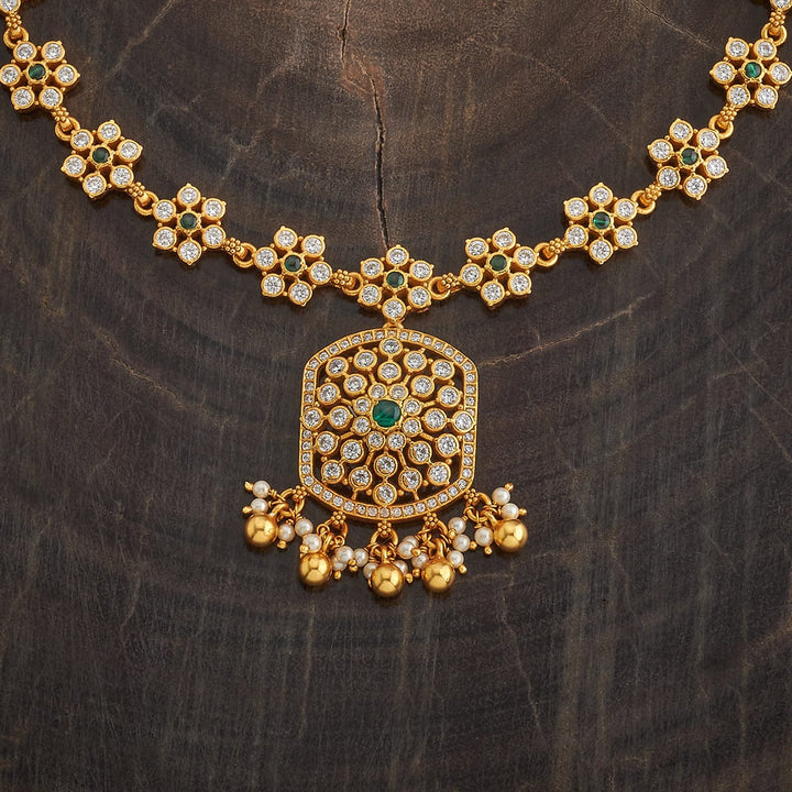 Pure 92.5 Silver Gold-Plated Floral and Leaf Motif Necklace with White Stones and Dangling Beads