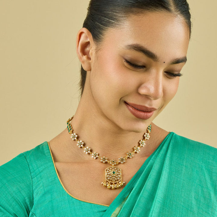 Pure 92.5 Silver Gold-Plated Floral and Leaf Motif Necklace with White Stones and Dangling Beads