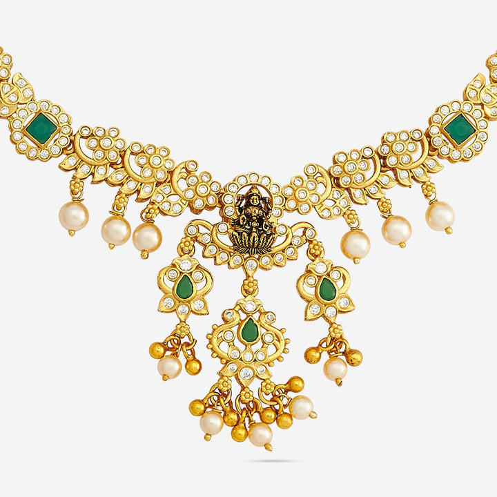 Pure 92.5 Silver, Gold Plated Green-White Stone Temple Necklace with Deity Motif and Pearls Drops