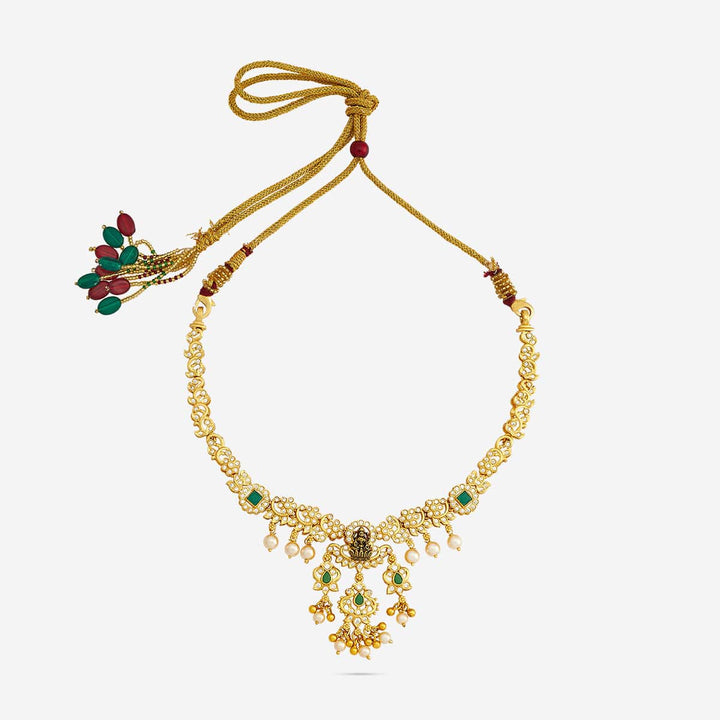 Pure 92.5 Silver, Gold Plated Green-White Stone Temple Necklace with Deity Motif and Pearls Drops