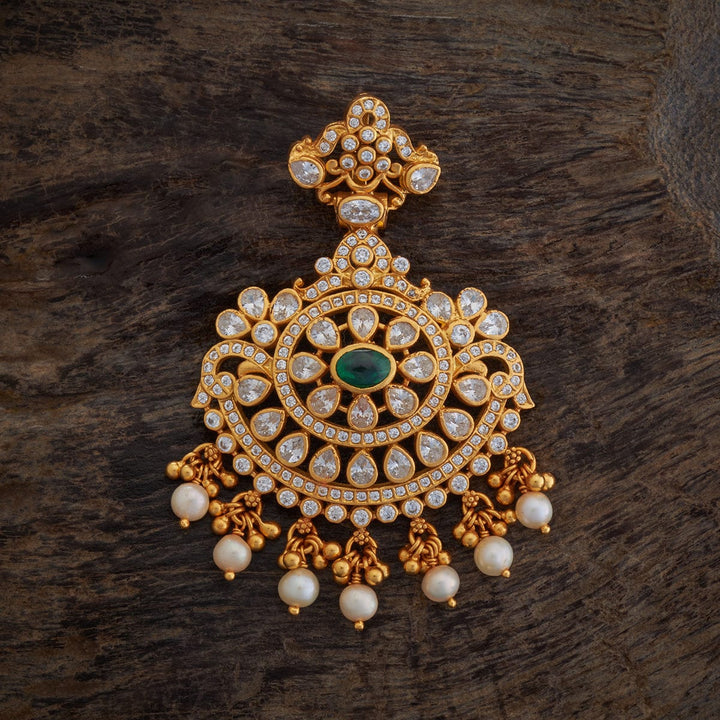 92.5 Pure Silver Flower Motif Temple Pendant With CZ And Green Stone And Dangling Pearls And Beads