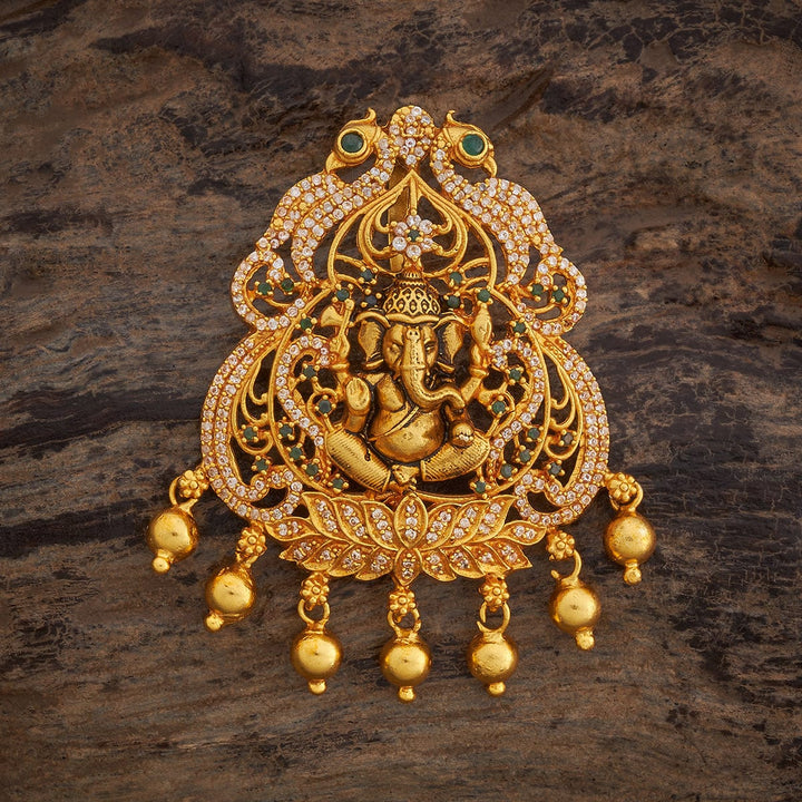 Pure 92.5 Lord Ganesha Design Temple Pendant with CZ And Green Stones And Dangling Beads