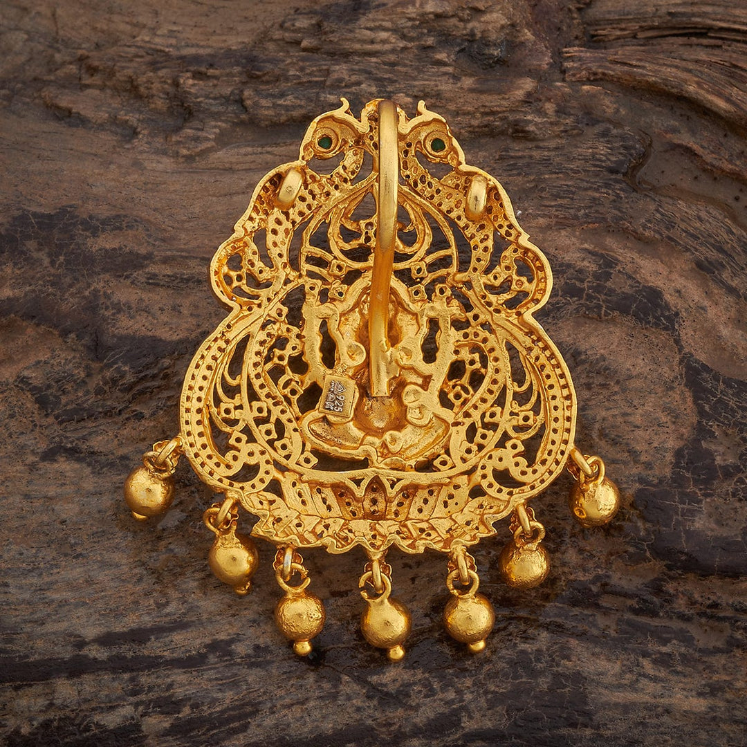 Pure 92.5 Lord Ganesha Design Temple Pendant with CZ And Green Stones And Dangling Beads