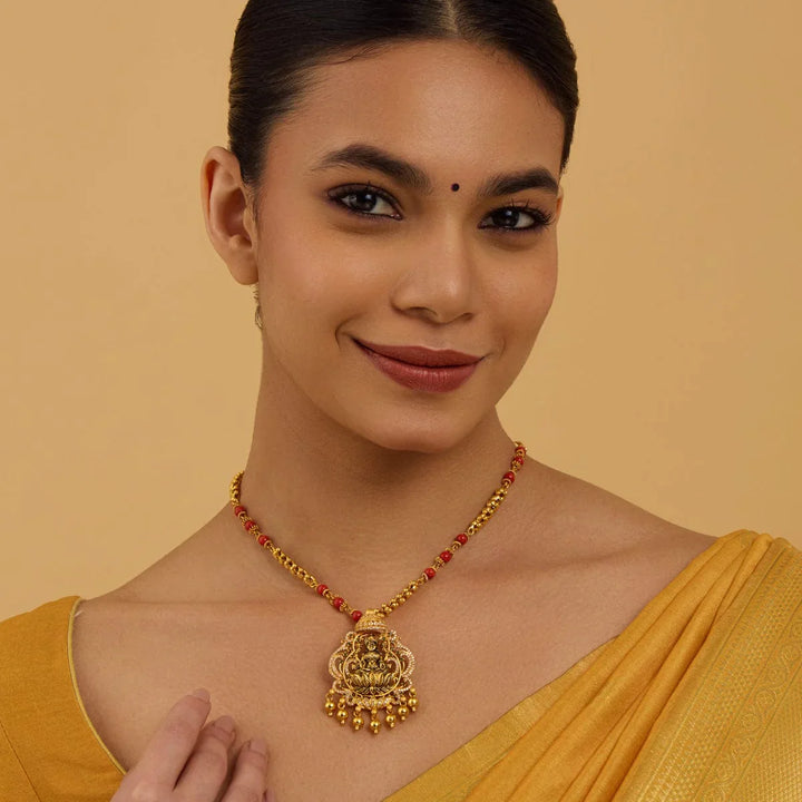 Pure 92.5 Goddess Lakshmi Design Temple Pendant with CZ And Green Stones And Dangling Beads