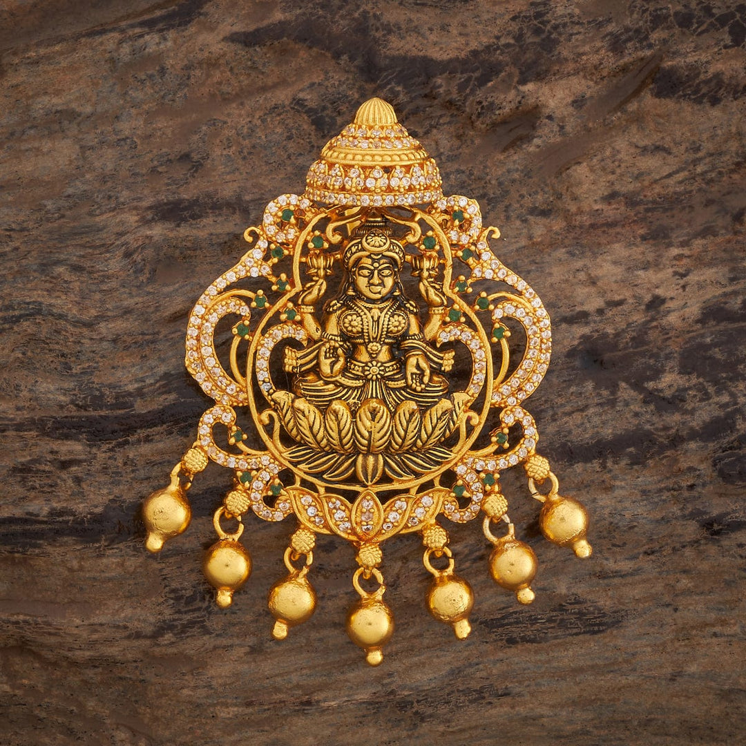 Pure 92.5 Goddess Lakshmi Design Temple Pendant with CZ And Green Stones And Dangling Beads
