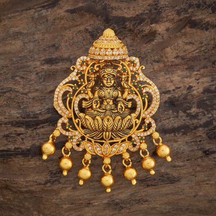 Pure 92.5 Goddess Lakshmi Design Temple Pendant with CZ And Green Stones And Dangling Beads