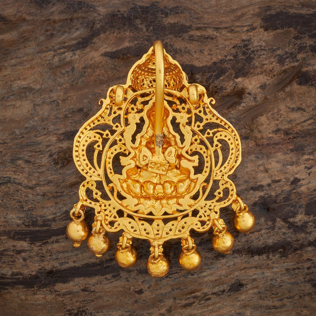 Pure 92.5 Goddess Lakshmi Design Temple Pendant with CZ And Green Stones And Dangling Beads