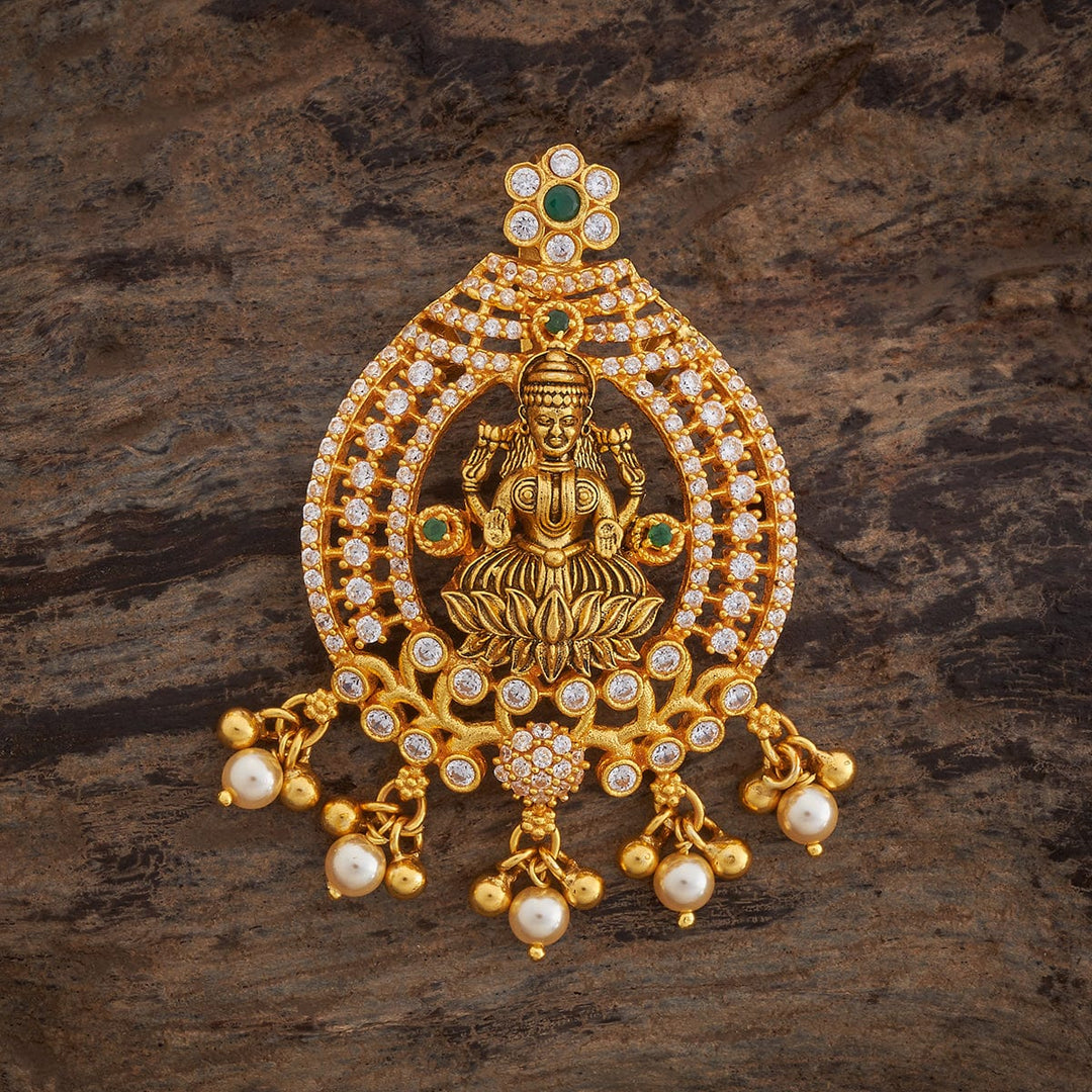 Pure 92.5 Goddess Lakshmi Design Temple Pendant with CZ And Green Stones And Dangling Beads And Pearls