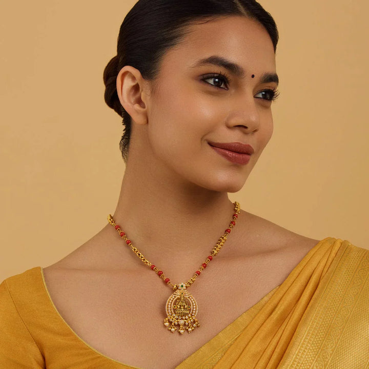 Pure 92.5 Goddess Lakshmi Design Temple Pendant with CZ And Green Stones And Dangling Beads And Pearls