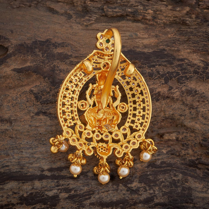 Pure 92.5 Goddess Lakshmi Design Temple Pendant with CZ And Green Stones And Dangling Beads And Pearls