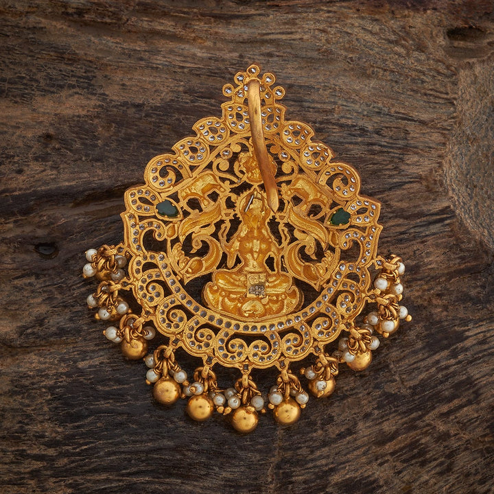 Pure 92.5 Silver Ornate Temple Jewellery Pendant with Lakshmi Motif, White Stones and Dangling Beads