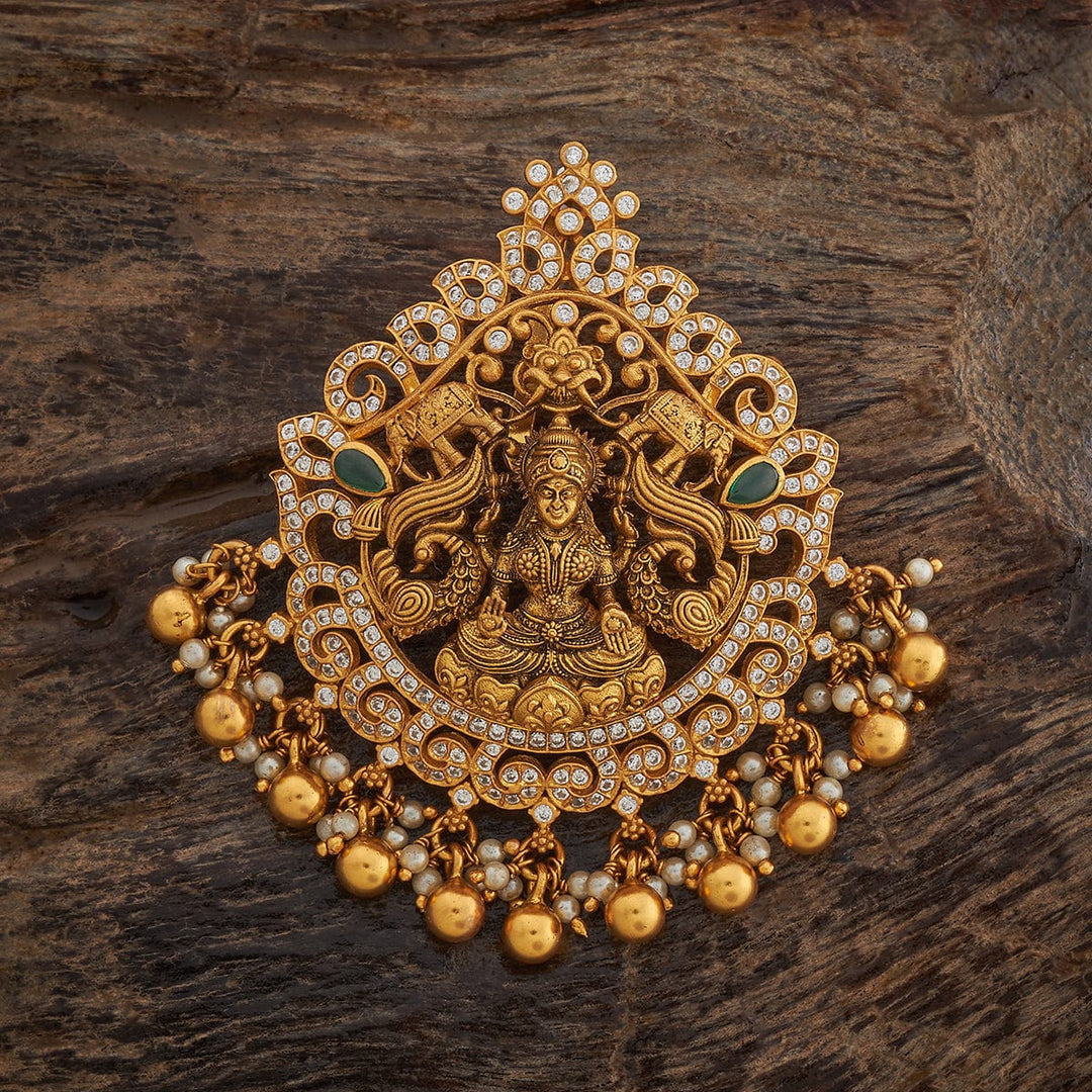 Pure 92.5 Silver Ornate Temple Jewellery Pendant with Lakshmi Motif, White Stones and Dangling Beads