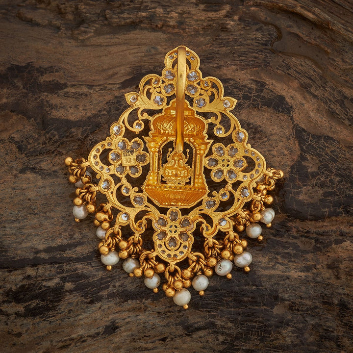 Pure 92.5 Silver Gold-Plated Lakshmi Temple Shrine Pendant with White Stones and Dangling Pearls