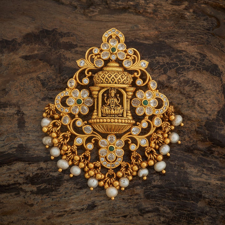 Pure 92.5 Silver Gold-Plated Lakshmi Temple Shrine Pendant with White Stones and Dangling Pearls
