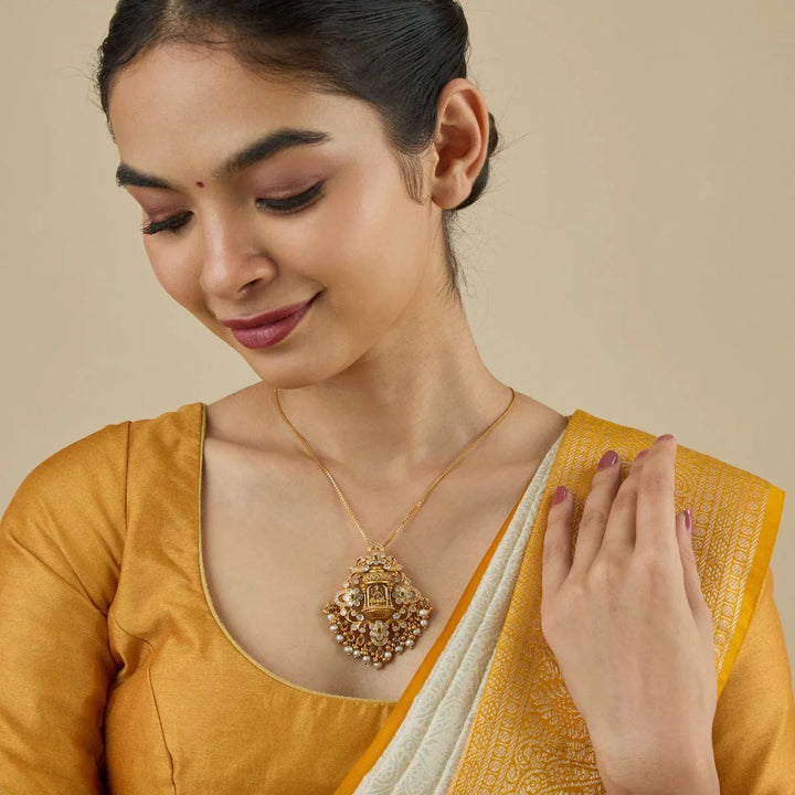 Pure 92.5 Silver Gold-Plated Lakshmi Temple Shrine Pendant with White Stones and Dangling Pearls