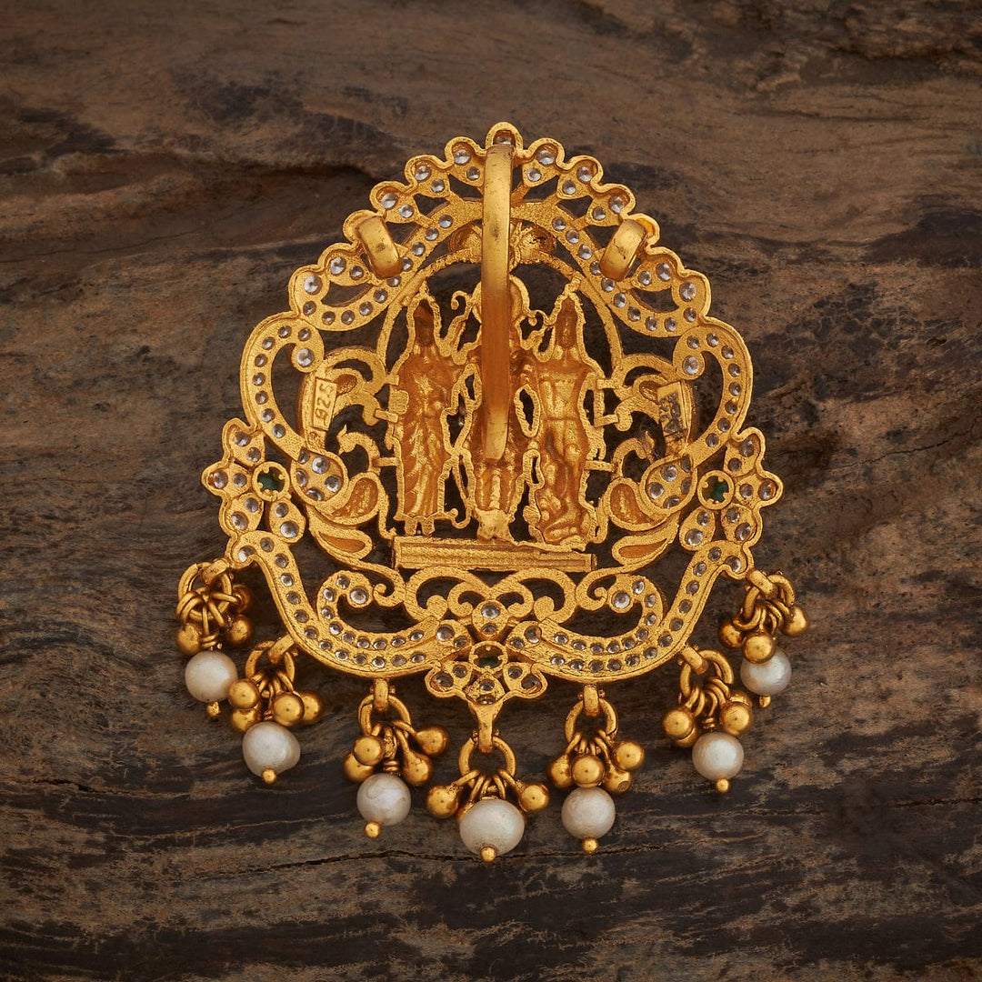 Pure 92.5 Silver Ram Darbar Pendant With CZ And Green Stones And Dangling Beads And Pearls