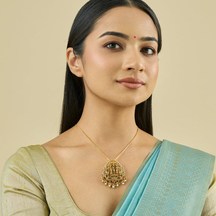 Pure 92.5 Silver Ram Darbar Pendant With CZ And Green Stones And Dangling Beads And Pearls