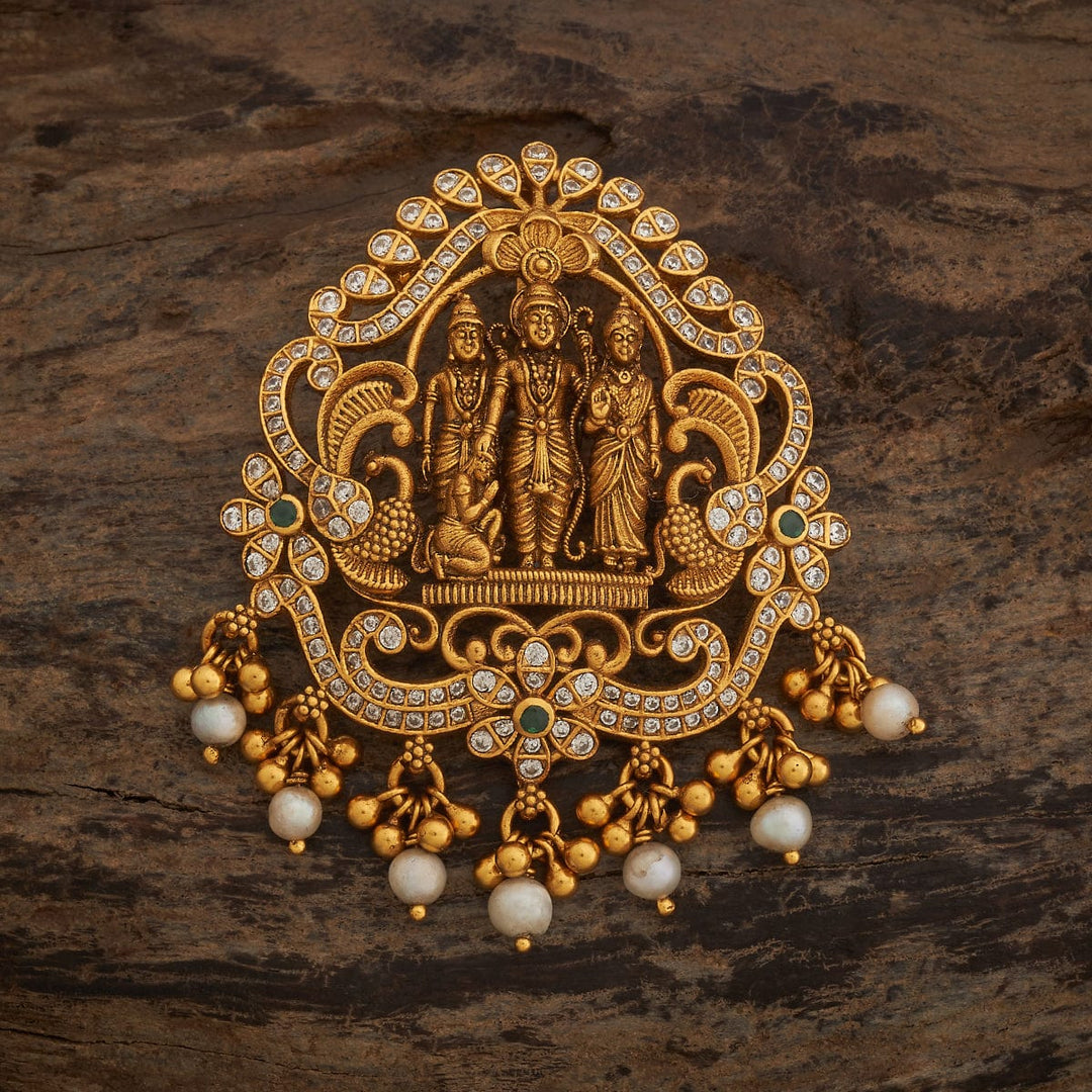 Pure 92.5 Silver Ram Darbar Pendant With CZ And Green Stones And Dangling Beads And Pearls